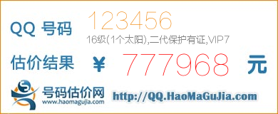 号码：123456 估价/评估结果：777968元