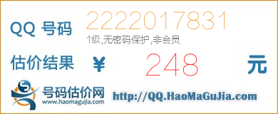 号码：2222017831 估价/评估结果：248元