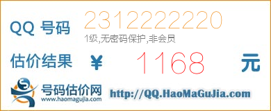 号码：2312222220 估价/评估结果：1168元