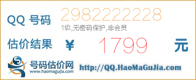 号码：2982222228 估价/评估结果：1799元