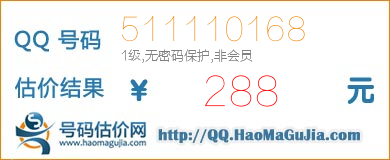 号码：511110168 估价/评估结果：288元