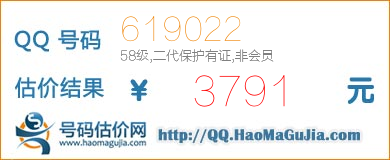 号码：619022 估价/评估结果：3791元