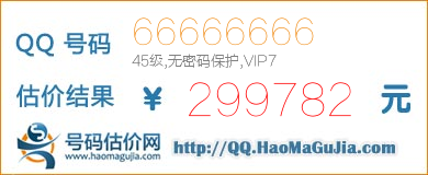 号码：66666666 估价/评估结果：299782元