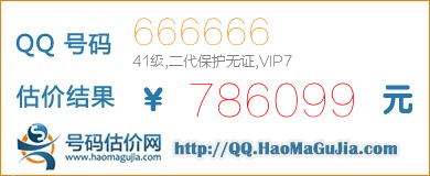 号码：666666 估价/评估结果：786099元