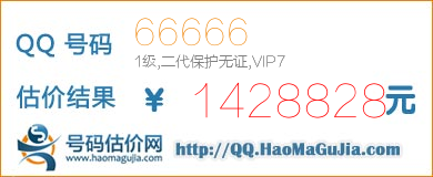 号码：66666 估价/评估结果：1428828元