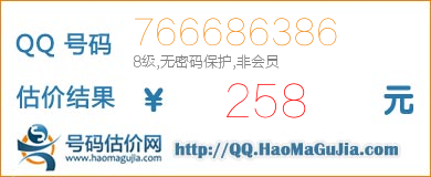 号码：766686386 估价/评估结果：258元