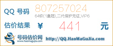 号码：807257024 估价/评估结果：441元