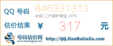 号码：846331313 估价/评估结果：317元