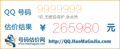 号码：9999999 估价/评估结果：265980元